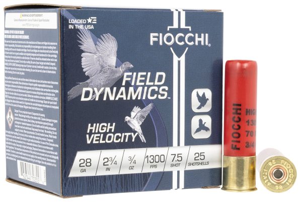 116596.jpg Fiocchi 28HV75 Field Dynamics High Velocity 28Gauge 2.75" 3/4oz 7.5Shot 25 Per Box/10 Case