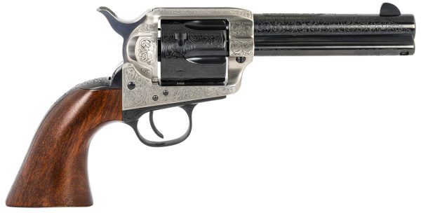 134310.jpg Taylors & Company 550924 1873 Cattleman 357 Mag Caliber with 4.75" Blued Floral Engraved Finish Barrel, 6rd Capacity Blued Finish Cylinder, Coin Photo Engraved Finish Steel Frame & Walnut Grip