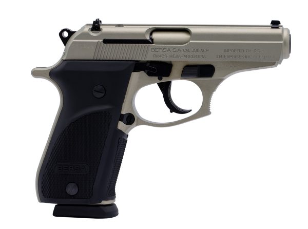 139409.jpg Bersa THUN380PNKL15 Thunder Plus Sub-Compact Frame 380 ACP 15+1, 3.50" Nickel Steel Barrel, Nickel Cerakote Serrated Steel Slide, Nickel Cerakote Aluminum Frame w/Beavertail, Black Rubber Grip