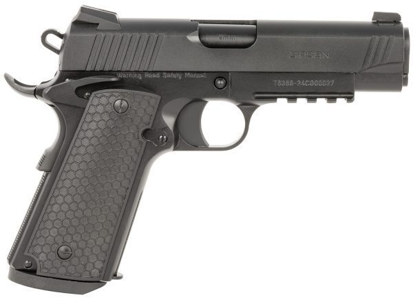 160990.jpg Girsan 392075 MC1911 C Untouchable Compact Frame 9mm Luger 9+1 4.40" Black Steel Barrel, Black Serrated Steel Slide & Frame w/Beavertail & Picatinny Rail, Black Polymer Grip