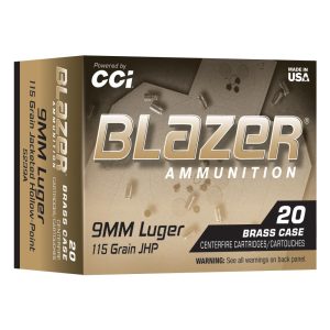 https3A2F2Fmedia.chattanoogashooting.com2Fimages2Fproduct2FCC5239A2FCC5239A-1.jpg CCI Blazer Brass Handgun Ammunition 9mm Luger 115gr JHP 1145 fps 20/ct