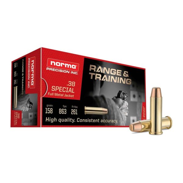 https3A2F2Fmedia.chattanoogashooting.com2Fimages2Fproduct2FNH6205400502FNH620540050.jpg Norma Range & Training Rifle Ammunition .38 Spl 158gr FMJ 863 fps 50/ct