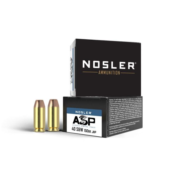 https3A2F2Fmedia.chattanoogashooting.com2Fimages2Fproduct2FNO512832FNO51283-1_1.jpg Nosler ASP Handgun Ammunition .40 S&W 150 gr JHP 1110 fps 20/ct